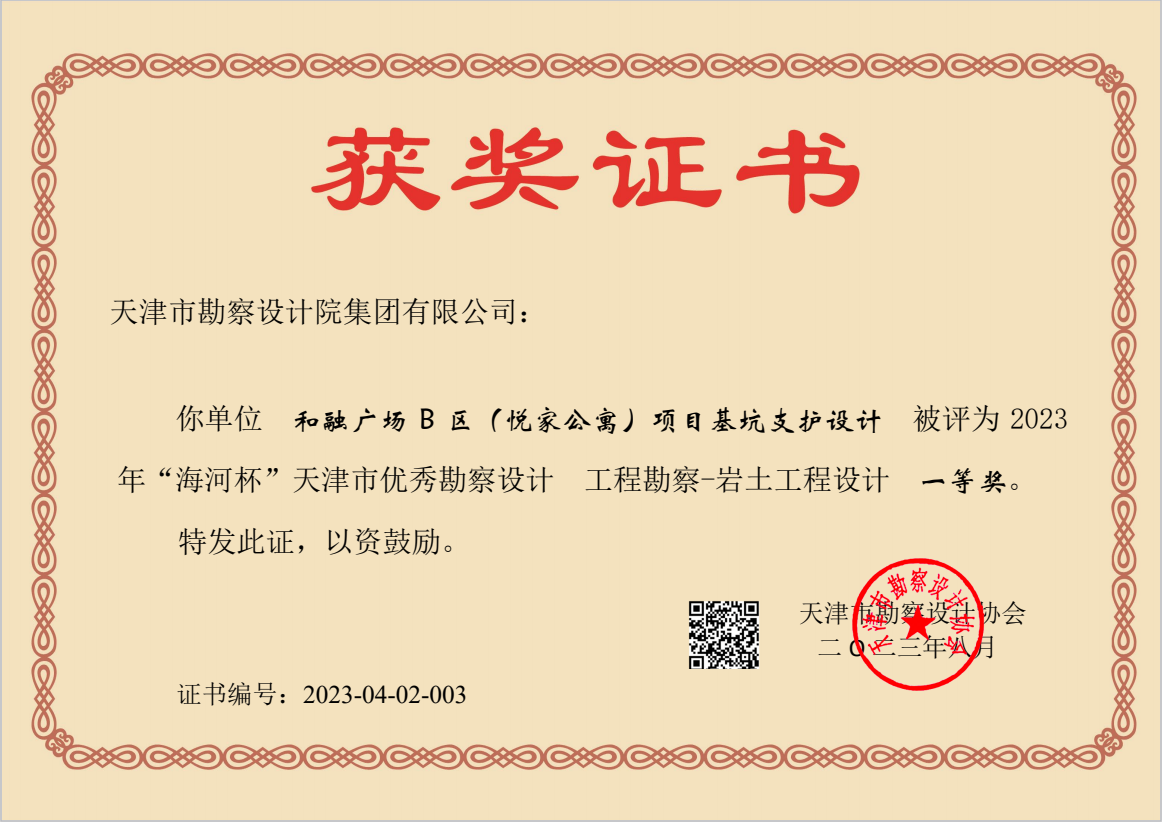bevictor伟德官网集团加入和融广场B区（悦家公寓）项目基坑支护设计项目荣获天津市“海河杯”一等奖